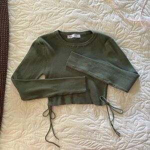 Green Cropped Sweater with Tie Details